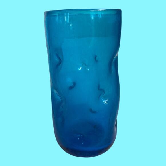 Vintage Single BLENKO Dark Blue Pinched Dimple 6.25” Handblown Glass Tumbler - Picture 2 of 8
